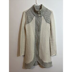 prAna S Duster Long Line Sweater Cream Gray Cable Knit Boho Gypsy Soft Cozy Snap